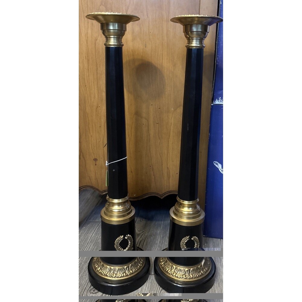Vintage Pair of Tall Candlestick Neoclassical Romanesque Brass and Black